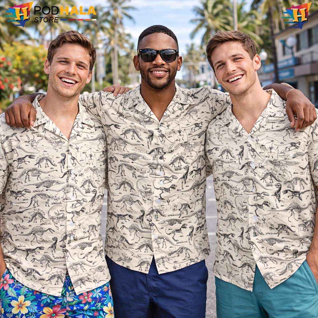 Skeleton Dinosaur Short-sleeve button-up shirt Mens Tropical Beach Button Down Resort Outfit Skeleton Dinosaur Short-sleeve button-up shirt Mens Tropical Beach Button Down Resort Outfit