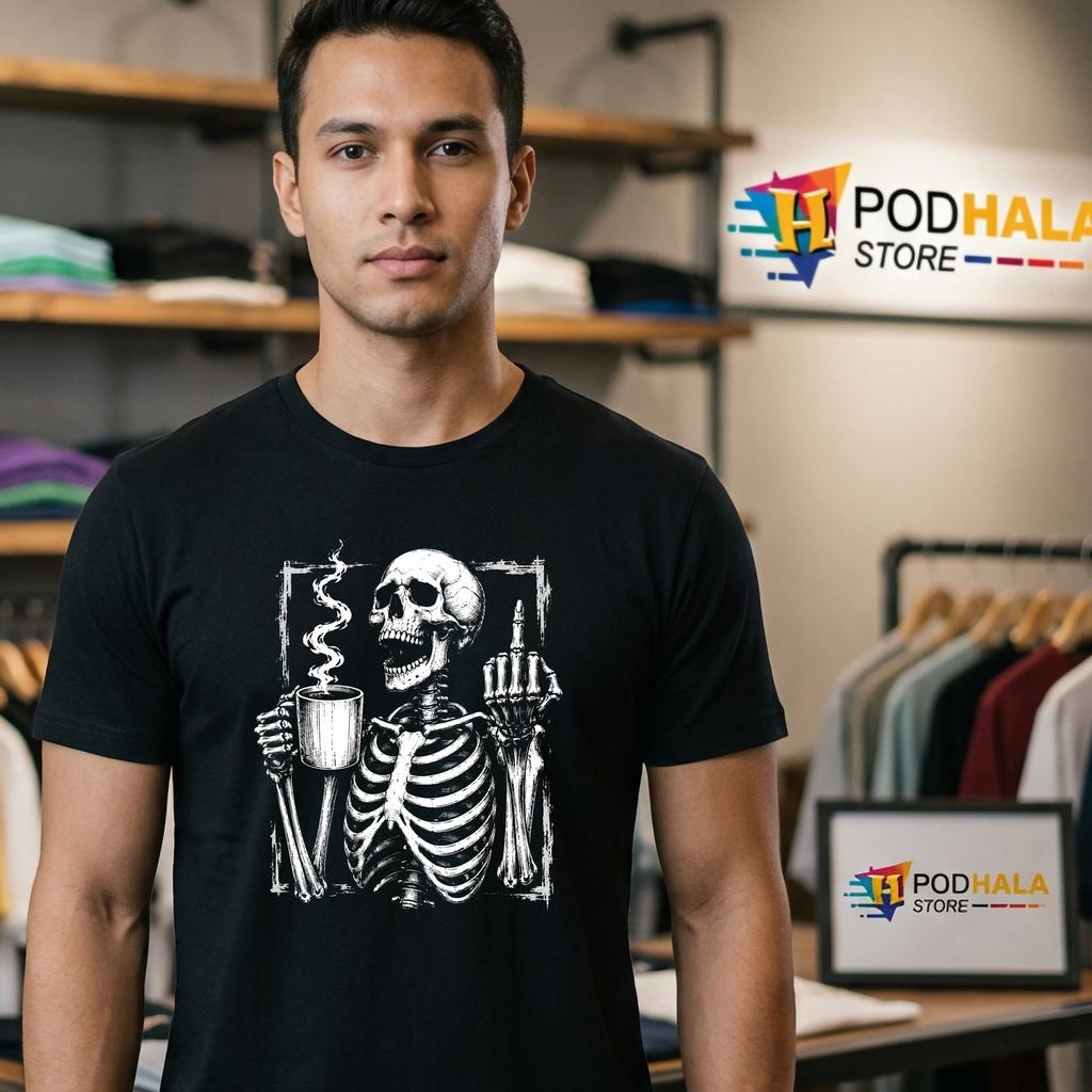 Skeleton Drinking Coffee T-Shirt Peace Halloween Grunge Aesthetic Spooky Top