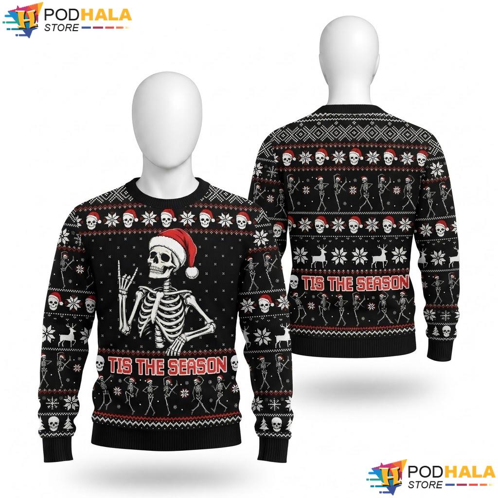 Skeleton Elf Playful Candy Cane Sweater Christmas Holiday Mens Apparel