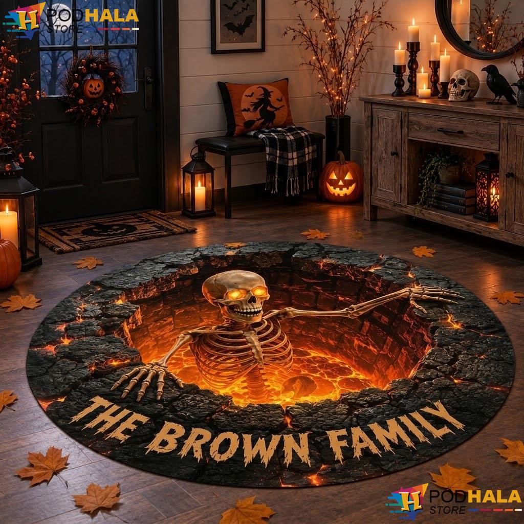 Skeleton Fire Pit Halloween Round Area Rug Personalized 3D Stone Decor