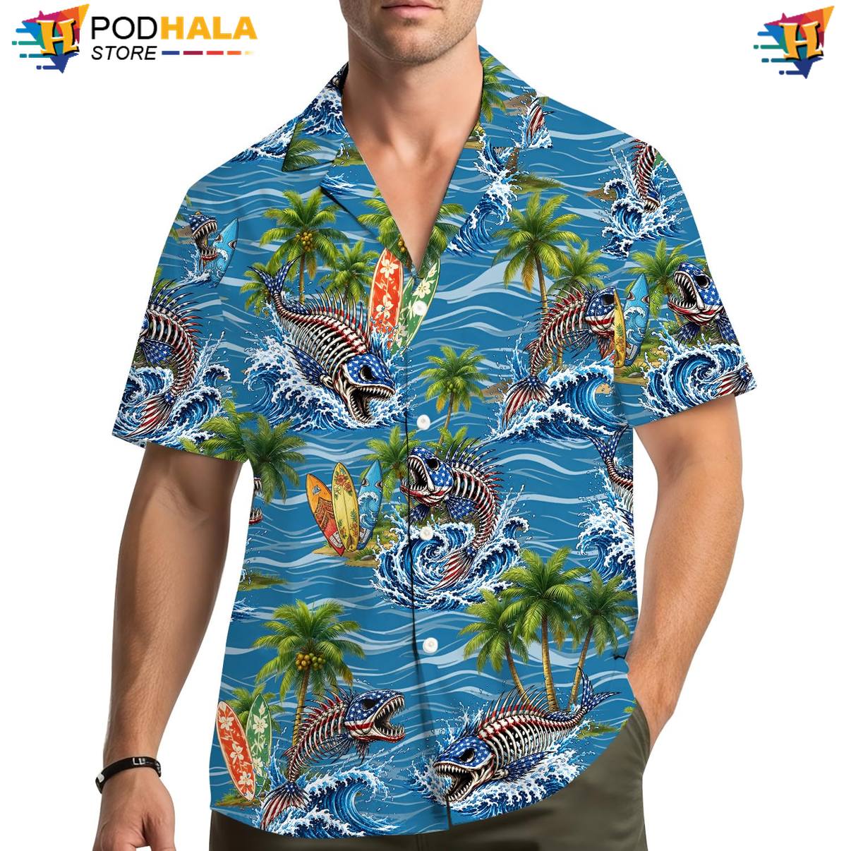 Skeleton Fish Fire Aloha Shirt Mens Novelty Island Vibe Vacation Camp Gear