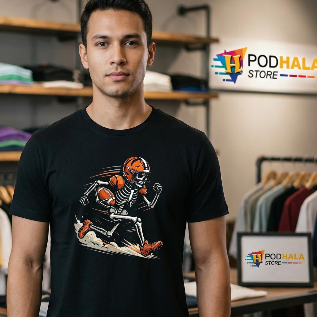 Skeleton Football Funny Halloween T-Shirt Teens Boys Mens Sports Top