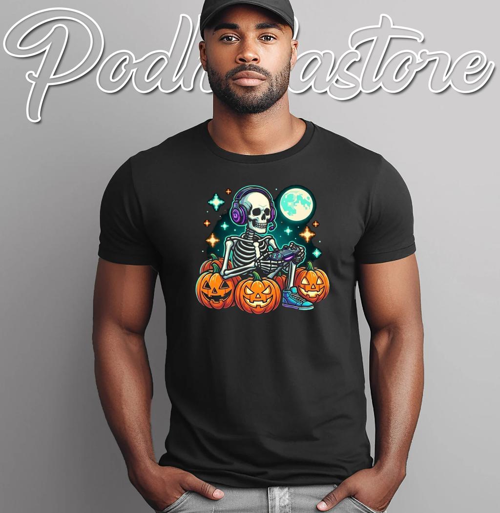 Skeleton Gamer Pumpkin Spooky Halloween T-Shirt Boys Kids Outfit Top