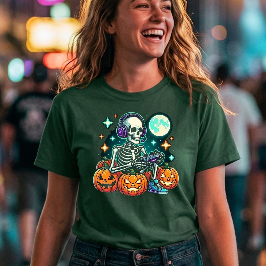 Skeleton Gamer Pumpkin Spooky Halloween Tee Boys Kids Outfit Top Skeleton Gamer Pumpkin Spooky Halloween Tee Boys Kids Outfit Top