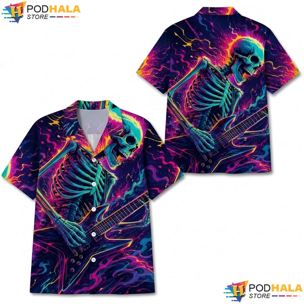 Skeleton Guitar Aloha Shirt Vibrant Mens Casual Short Sleeve Apparel
