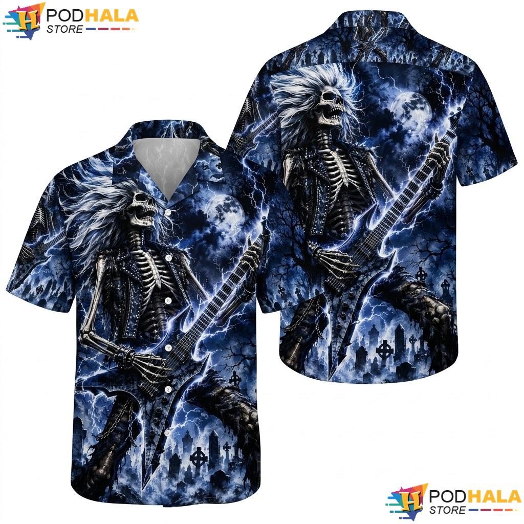 Skeleton Guitar Hawaiian Shirt Casual Music Lover Summer Button Down