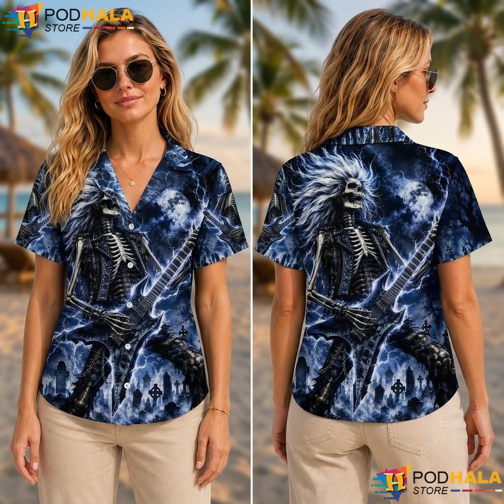 Skeleton Guitar Aloha Shirt Casual Music Lover Summer Button Down Skeleton Guitar Aloha Shirt Casual Music Lover Summer Button Down