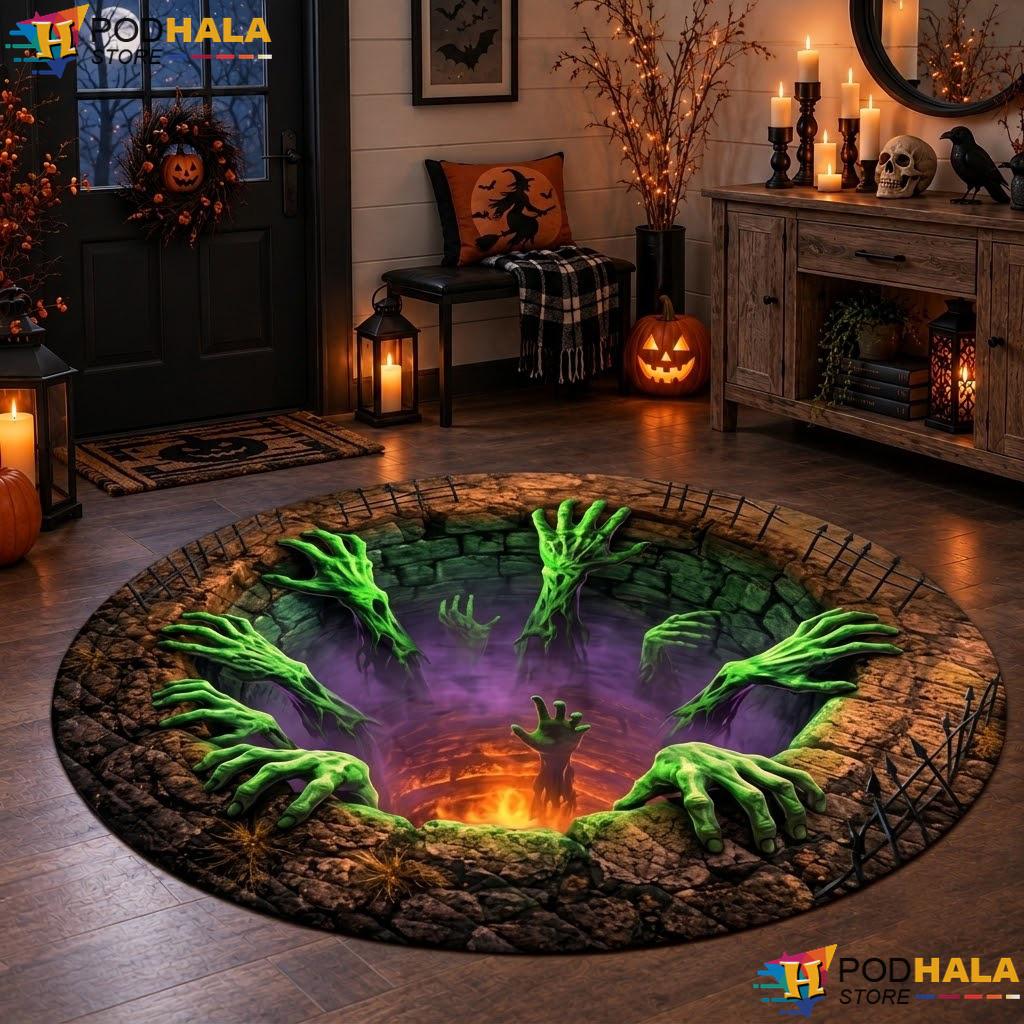 Skeleton Hand Creepy Halloween Round Area Rug 3D Optical Horror Decor