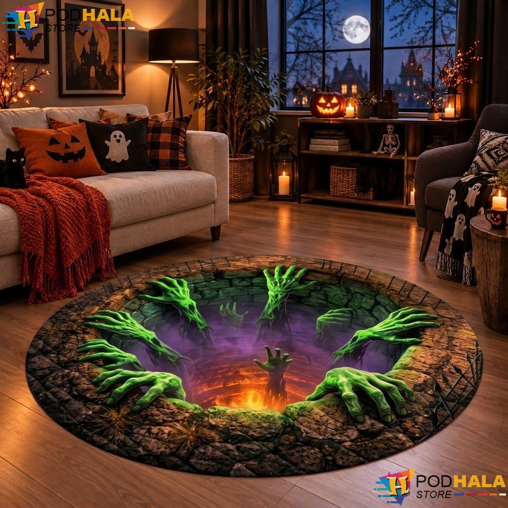Skeleton Hand Creepy Halloween Round Area Rug 3D Optical Horror Decor - View 1 Skeleton Hand Creepy Halloween Round Area Rug 3D Optical Horror Decor - View 1