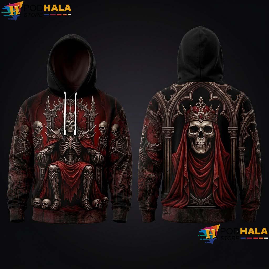 Skeleton King Halloween 3D Hoodie Gothic Red Skull Graphic Men Women