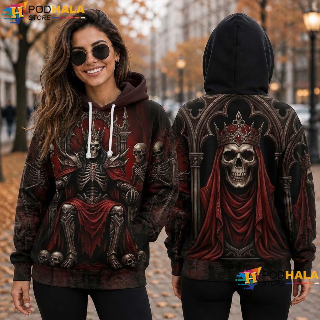 Skeleton King Halloween All Over Print Hoodie Gothic Red Skull Graphic Men Women Skeleton King Halloween All Over Print Hoodie Gothic Red Skull Graphic Men Women