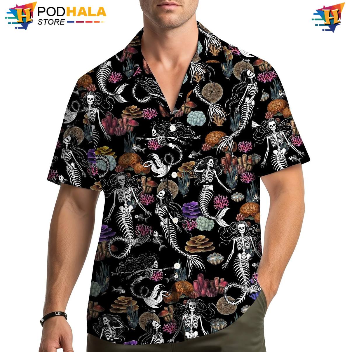 Skeleton Mermaid Aloha Shirt Mens Tropical Luau Party Holiday Resort Outfit