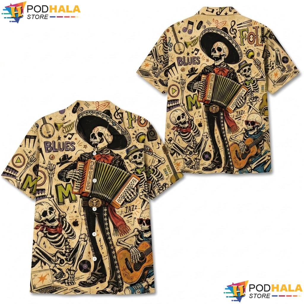 Skeleton Musician Hawaiian Shirt Vintage Casual Music Lover Apparel