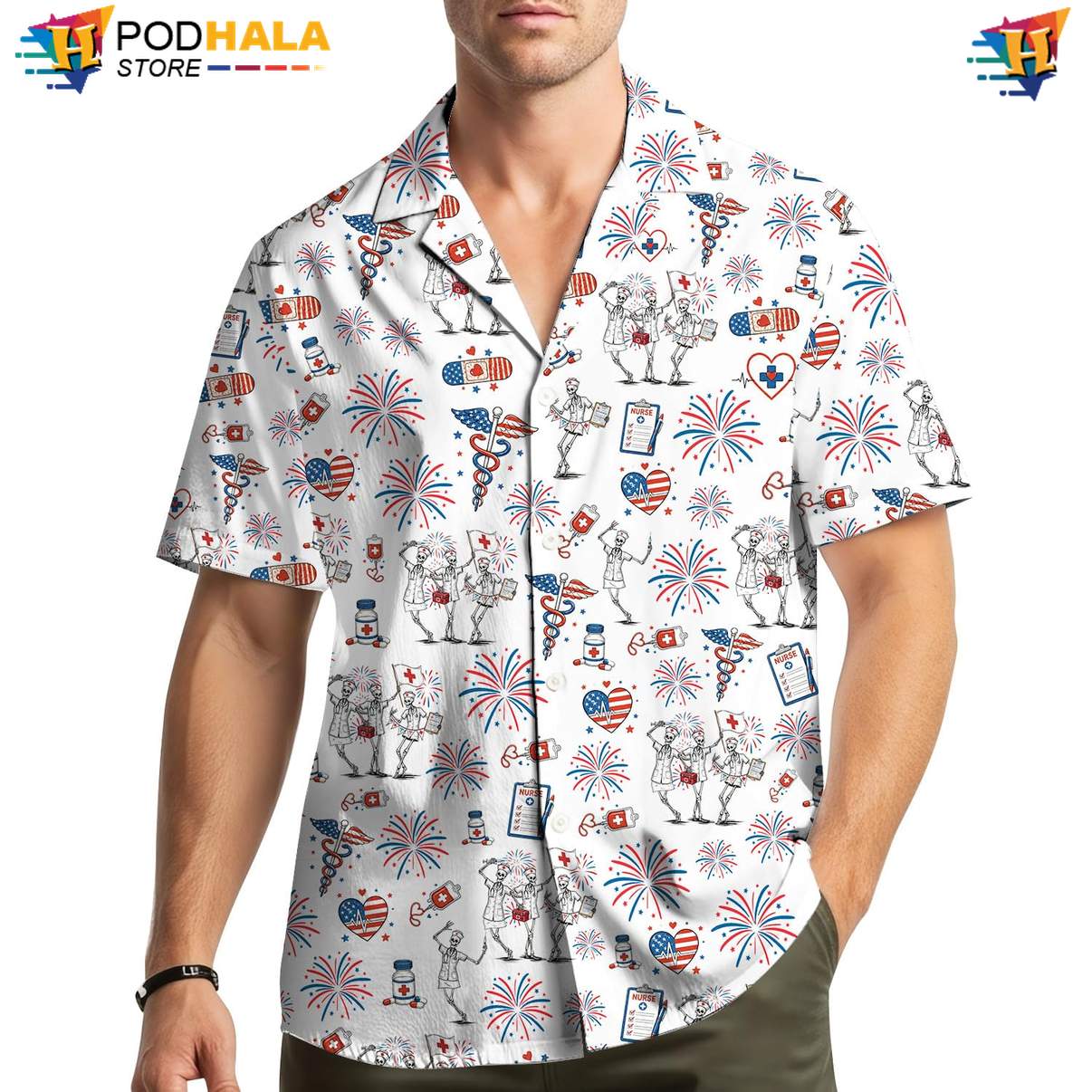 Skeleton Nurse Airplane Hawaiian Shirt Mens Patriotic Military Plane Outfit