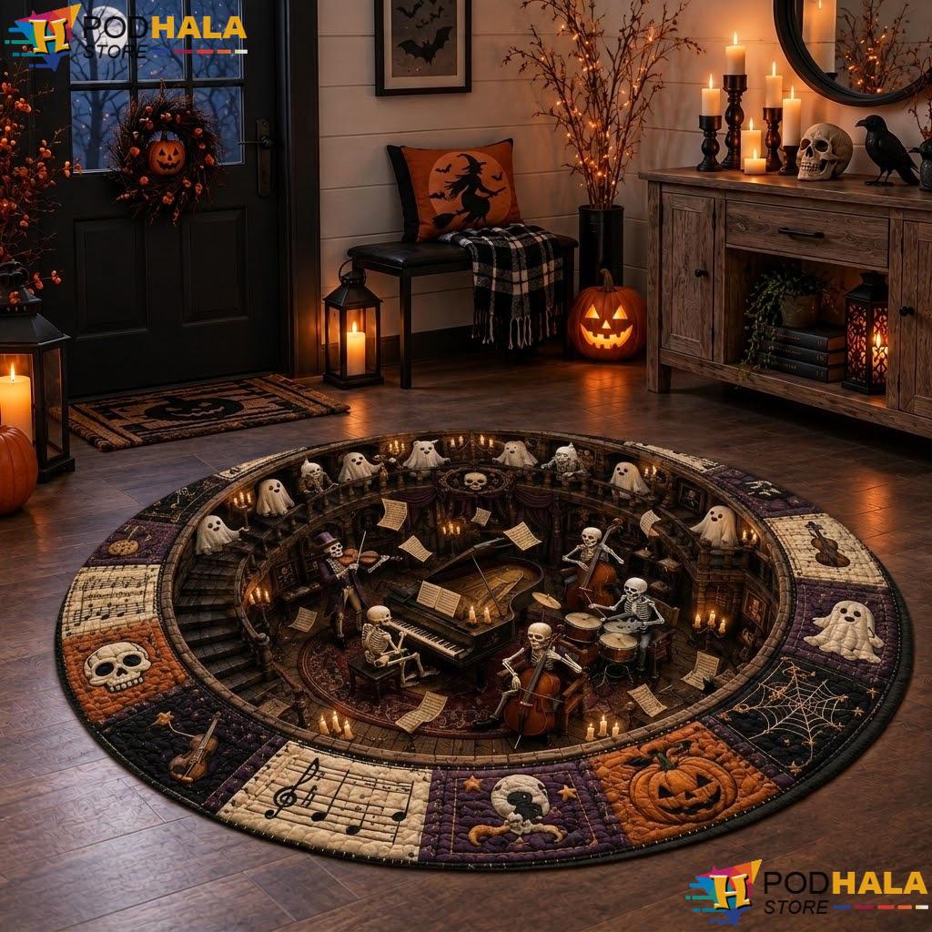Skeleton Orchestra Music Halloween Round Area Rug Spooky Gothic Horror