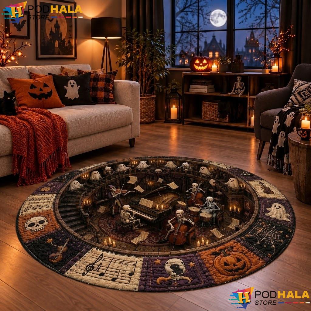 Skeleton Orchestra Music Halloween Round Area Rug Spooky Gothic Horror - View 1 Skeleton Orchestra Music Halloween Round Area Rug Spooky Gothic Horror - View 1