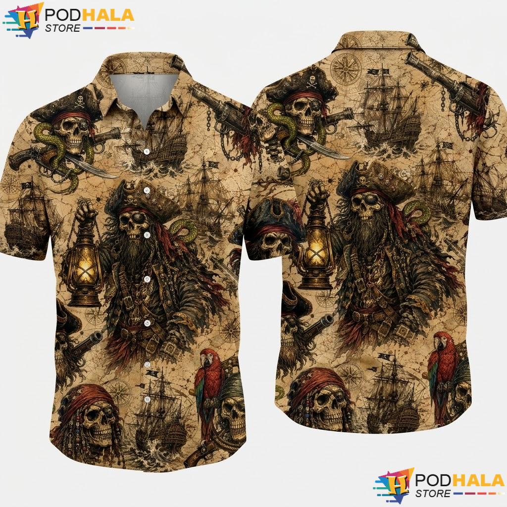 Skeleton Pirate Parrot Hawaiian Shirt Humorous Mens Short Sleeve Top