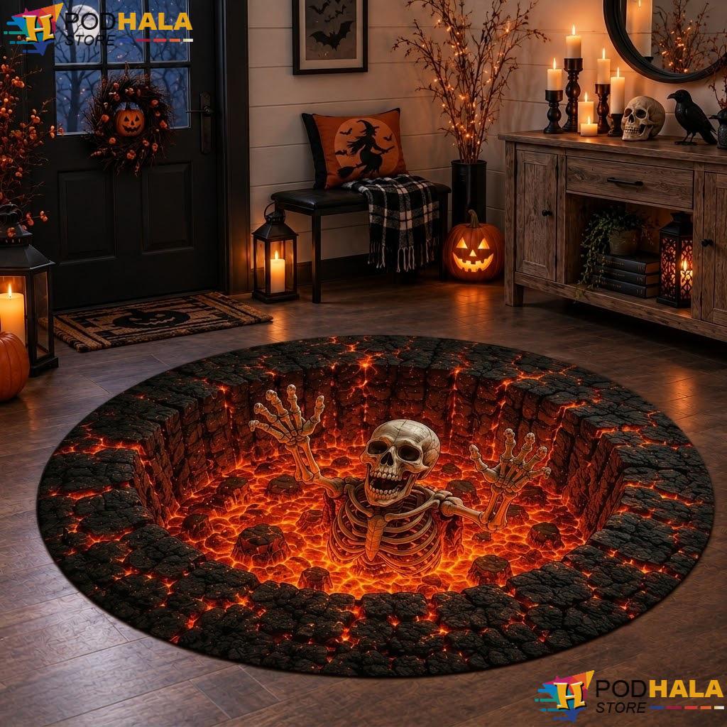 Skeleton Pit Haunted Halloween Round Area Rug 3D Spooky Floor Decor