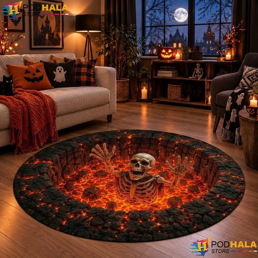 Skeleton Pit Haunted Halloween Round Area Rug 3D Spooky Floor Decor - View 1 Skeleton Pit Haunted Halloween Round Area Rug 3D Spooky Floor Decor - View 1