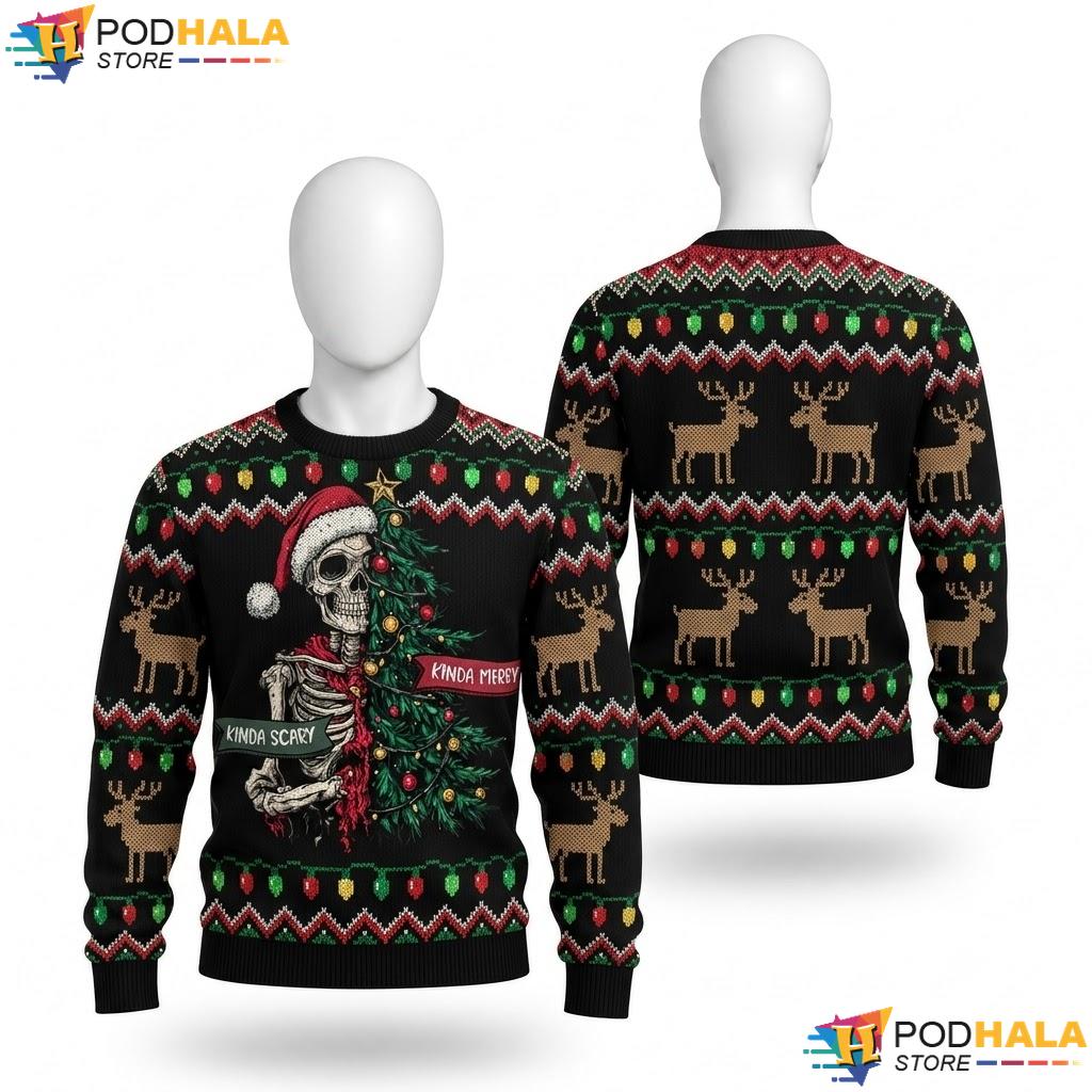 Skeleton Tree Kinda Scary Christmas Sweater Sorta Merry Santa Goth