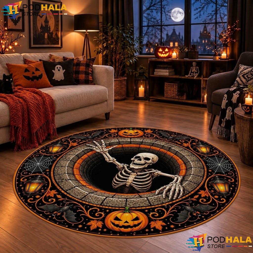 Skeleton Well Gothic Halloween Round Area Rug Spooky Circular Fall Decor