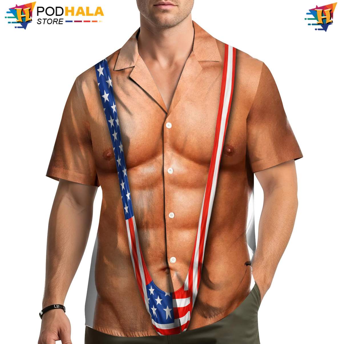 Skin Muscle USA Flag Hawaiian Shirt Mens Patriotic Fourth Of July Apparel