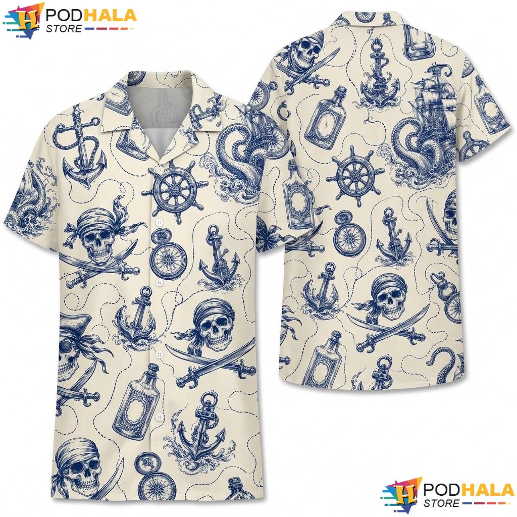 Skull Anchor Nautical Hawaiian Shirt Boys Casual Summer Beach Apparel