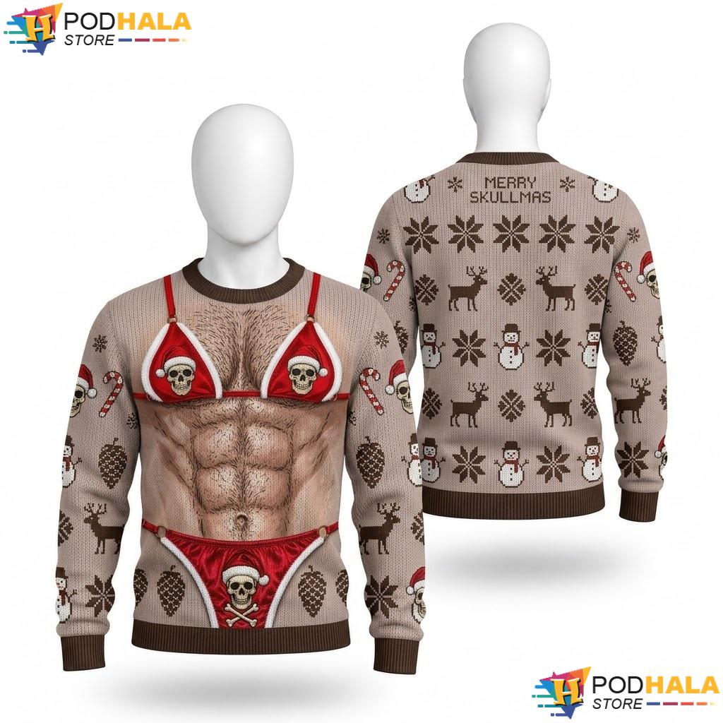 Skull Bikini Muscular Torso Ugly Xmas Sweater Funny Christmas Mens Top