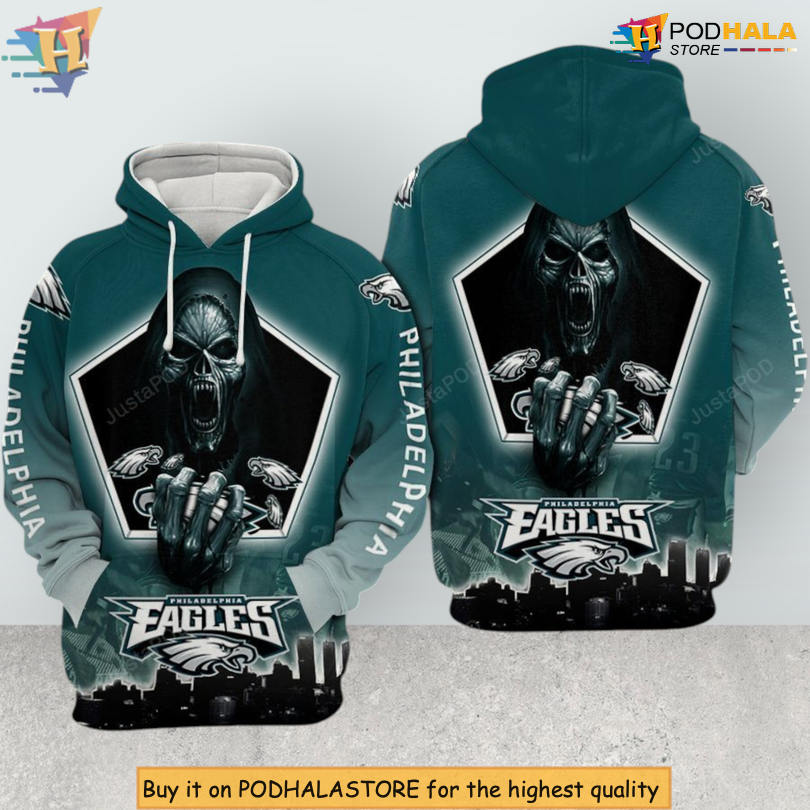 Skull Death Graphic Philadelphia Eagles Full Zip Hoodie 3D Team Edition Skull Death Graphic Philadelphia Eagles Full Zip Hoodie 3D Team Edition