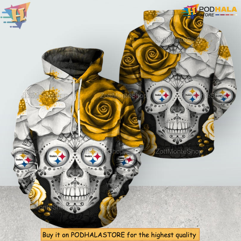 Skull Flower Artistic Print Pittsburgh Steelers Womens Hoodie 3D NFL Zip Up Design