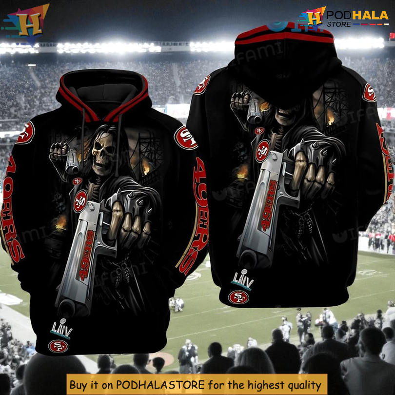 Skull Gun Design Black Youth 49ers Hoodie Black 3D For Fearless Loyal Fans
