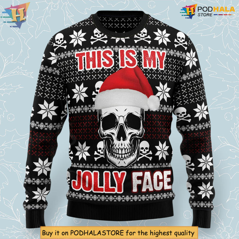 Skull Jolly Face Graphic Art Festive Holiday Party Christmas Sweater