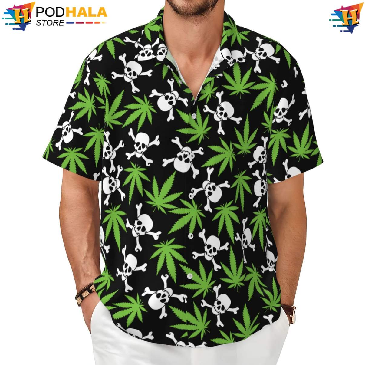 Skull Marijuana Hawaiian Shirt Funny Mens Short Sleeve Button Up Beach Top