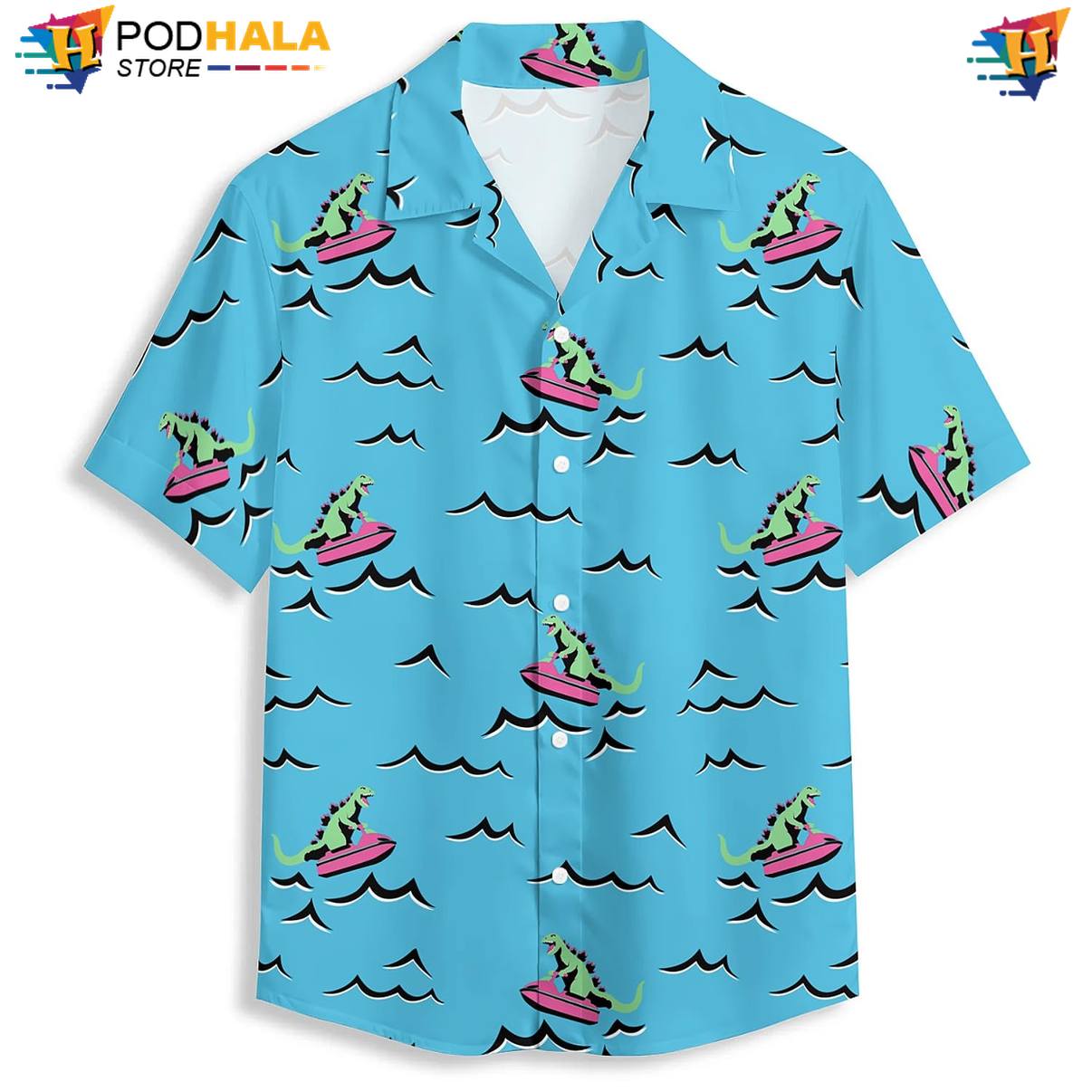 Sky Blue Dinosaur Aloha Shirt Mens Tropical Vacation Resort Camp Apparel Top