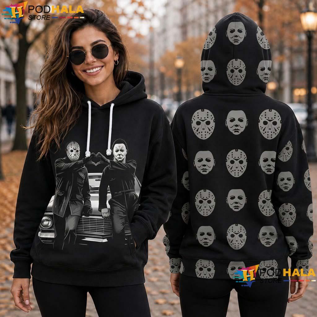 Slasher Friends Halloween All Over Print Hoodie Retro Funny Heart Hand Graphic Top Slasher Friends Halloween All Over Print Hoodie Retro Funny Heart Hand Graphic Top