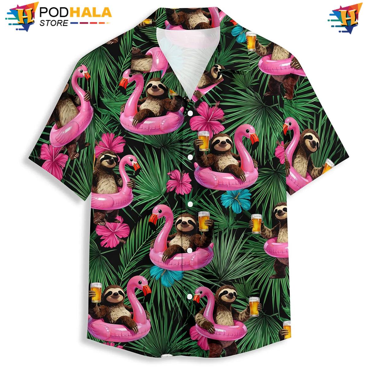 Sloth Flamingo Aloha Shirt Tropical Vacation Weekend Holiday Cruise Apparel