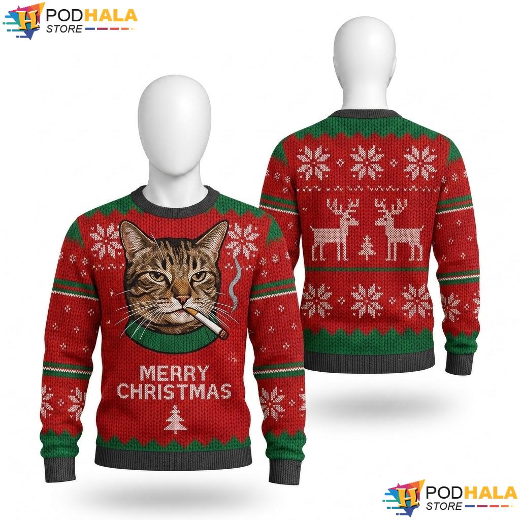 Smoking Cat Funny Ugly Christmas Sweater Holiday Apparel Outfit