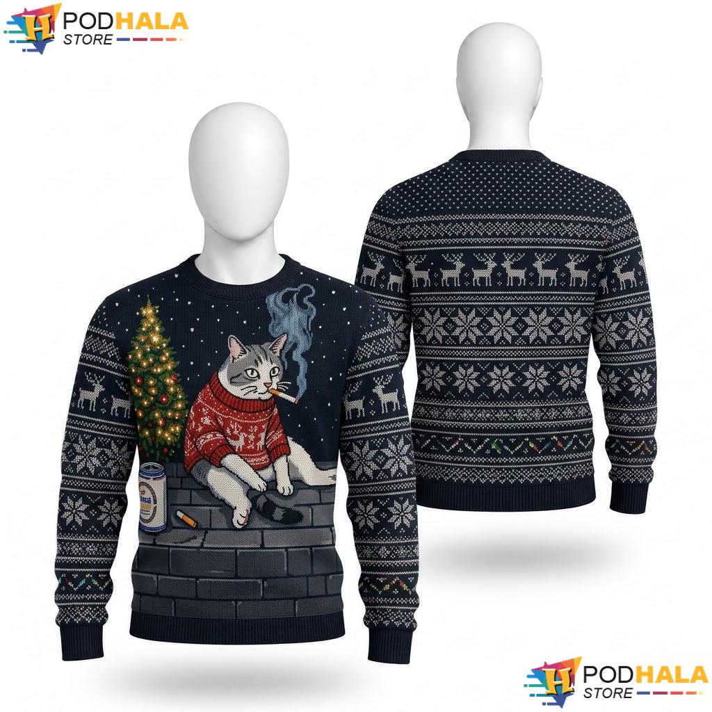 Smoking Cat Meme Merry Christmas Sweater Funny Holiday Apparel Top