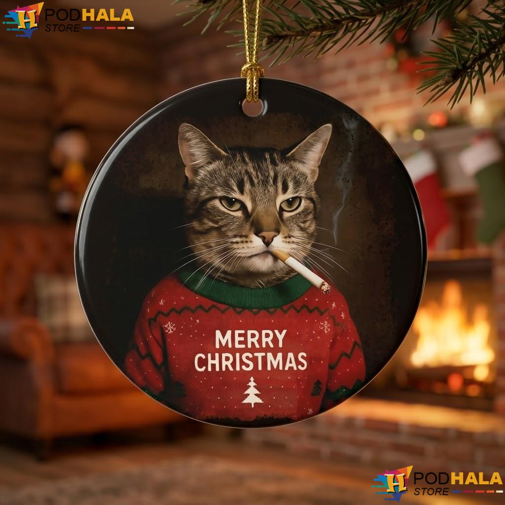 Smoking Cat Xmas Ornament Funny Holiday Decor Gift Ideas