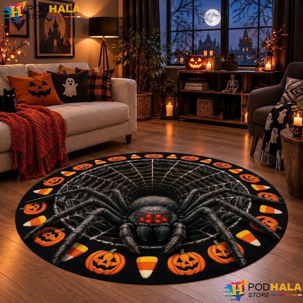 Spider Horror Effect Halloween Round Area Rug 3D Creepy Bedroom Decor - View 1 Spider Horror Effect Halloween Round Area Rug 3D Creepy Bedroom Decor - View 1