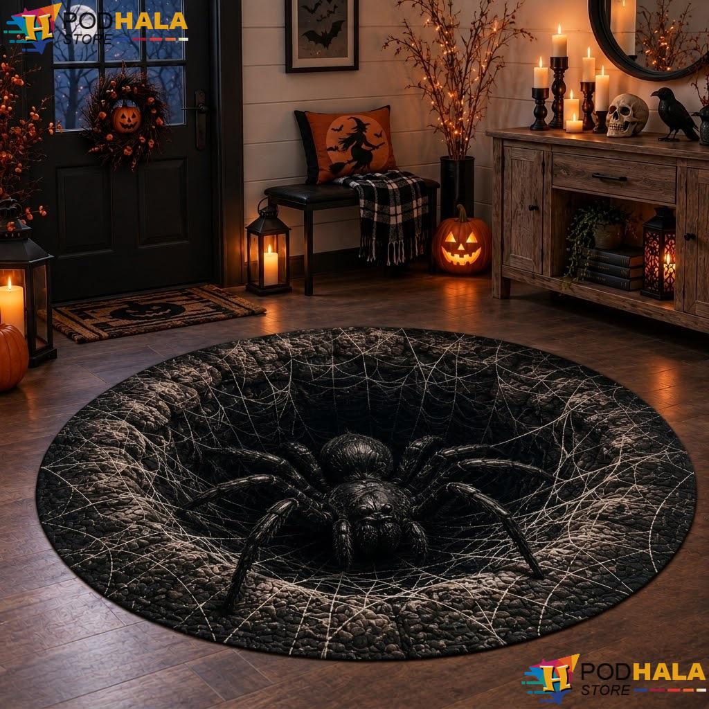 Spider Web Illusion Halloween Round Area Rug 3D Spooky Vortex Optical