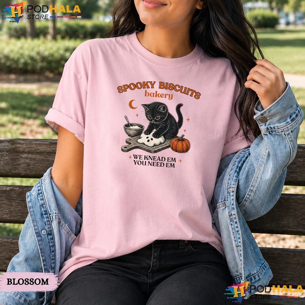 Spooky Biscuits Bakery Comfort Colors T-Shirt Black Cat Halloween Pumpkin