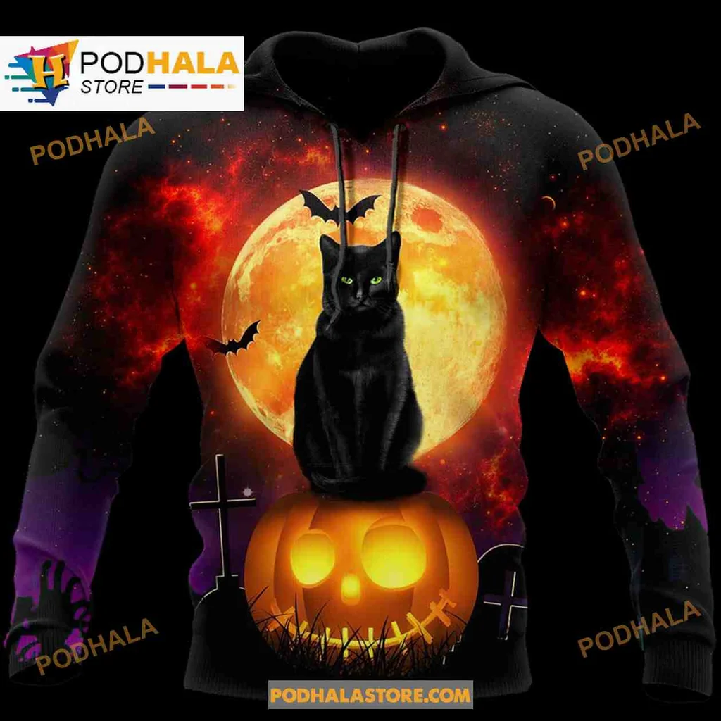 Spooky Black Cat Pumpkin 3d Hoodie With Glowing Moon And Bats