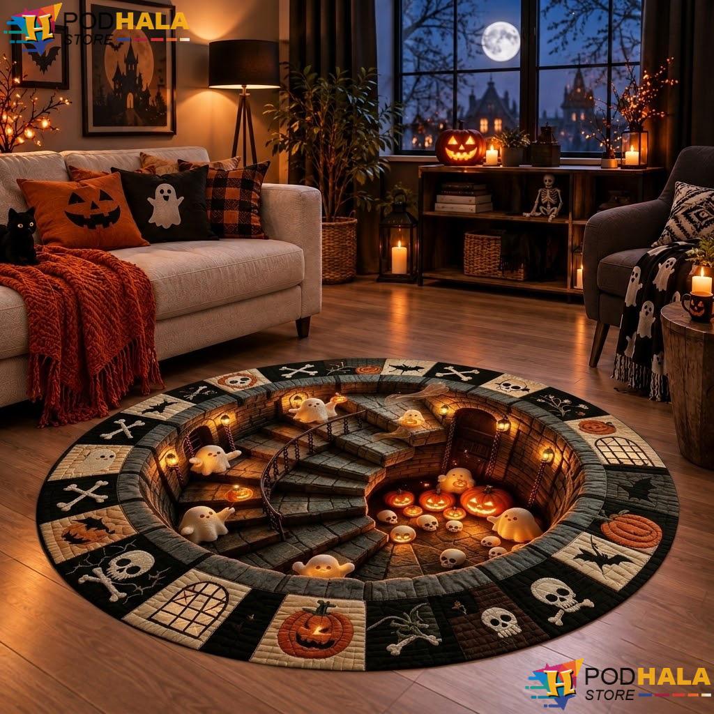 Spooky Dungeon Pumpkin Halloween Round Area Rug 3D Ghost Quilted Illusion