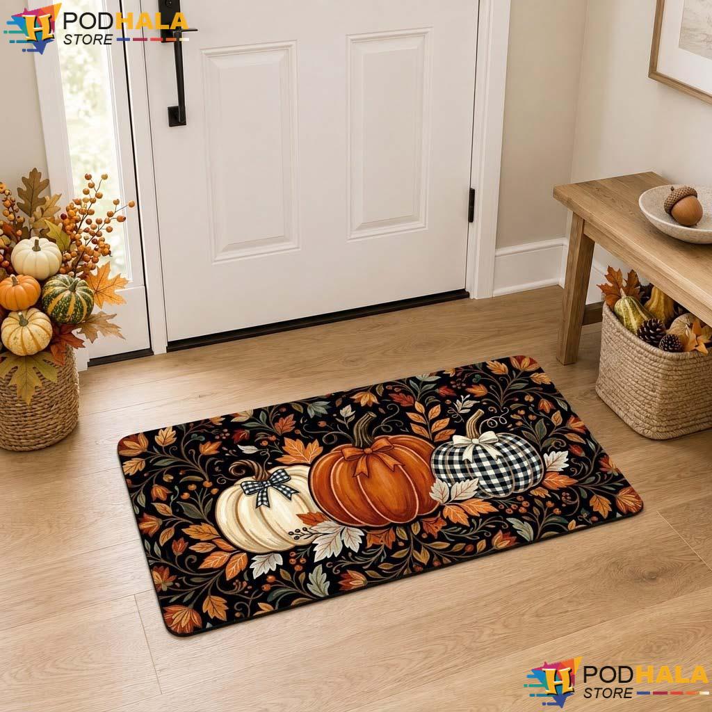 Spooky Fall Pumpkin Doormat Autumn Leaves Welcome Halloween Entrance Mat