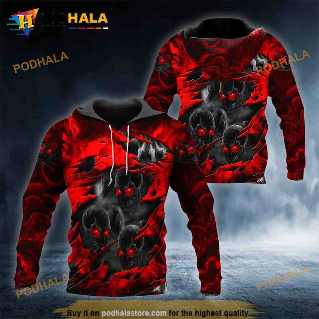 Spooky Ghost Skull 3d Hoodie With Glowing Red Eyes And Claw Like Hands