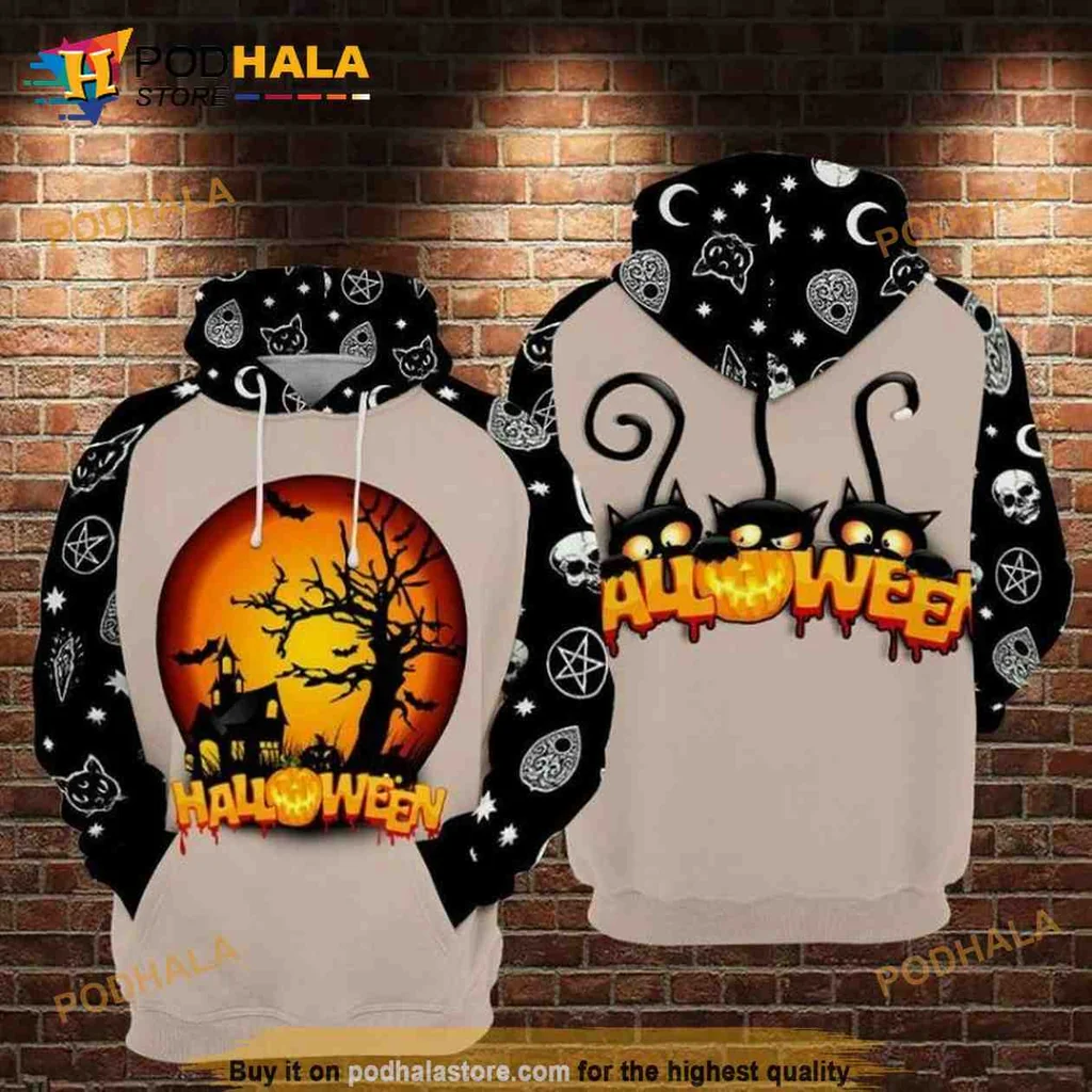 Spooky Halloween Cat 3d Hoodie Featuring Eerie Tree And Festive Design