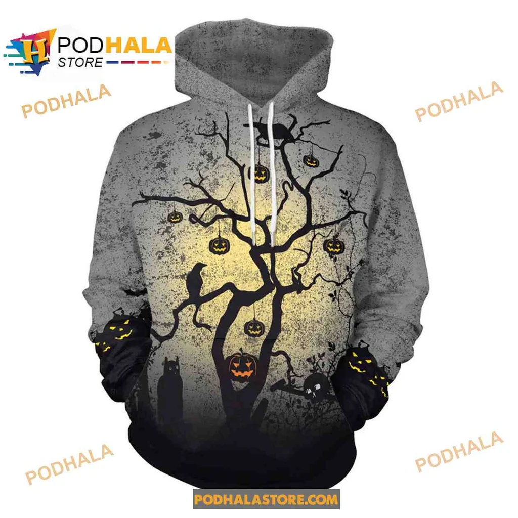 Spooky Halloween Pumpkin Tree 3d Hoodie With Black Cat Design