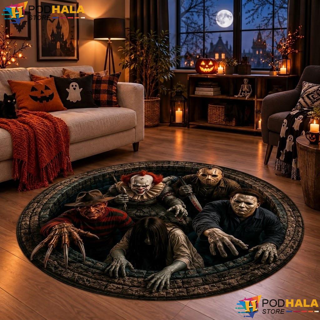 Spooky Haunted Killer Halloween Round Area Rug 3D Scary Movie Room Decor