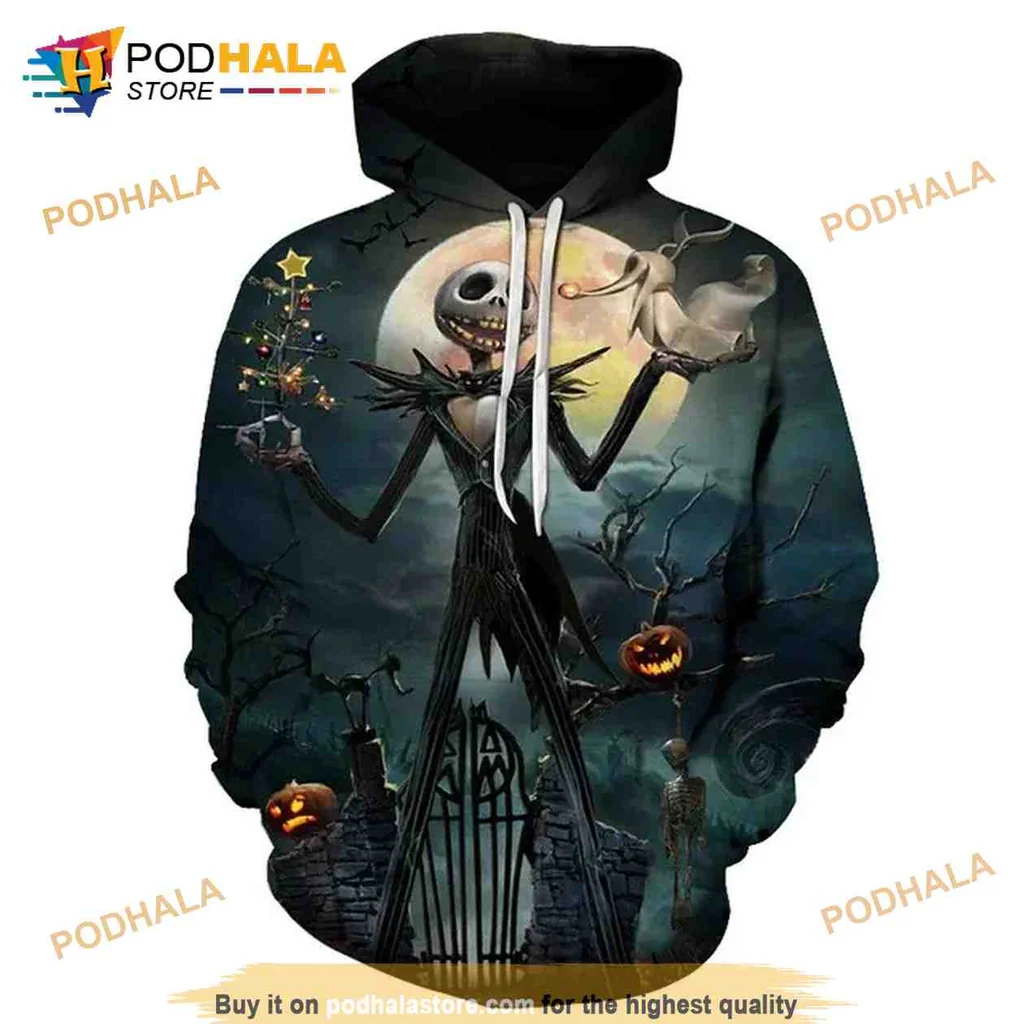 Spooky Jack Skellington 3d Hoodie Featuring Eerie Graveyard Scene